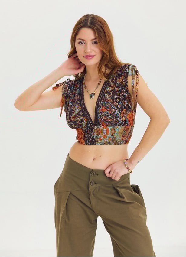 Deep V Neck Waist Gipel Brown Crop Blouse 4632